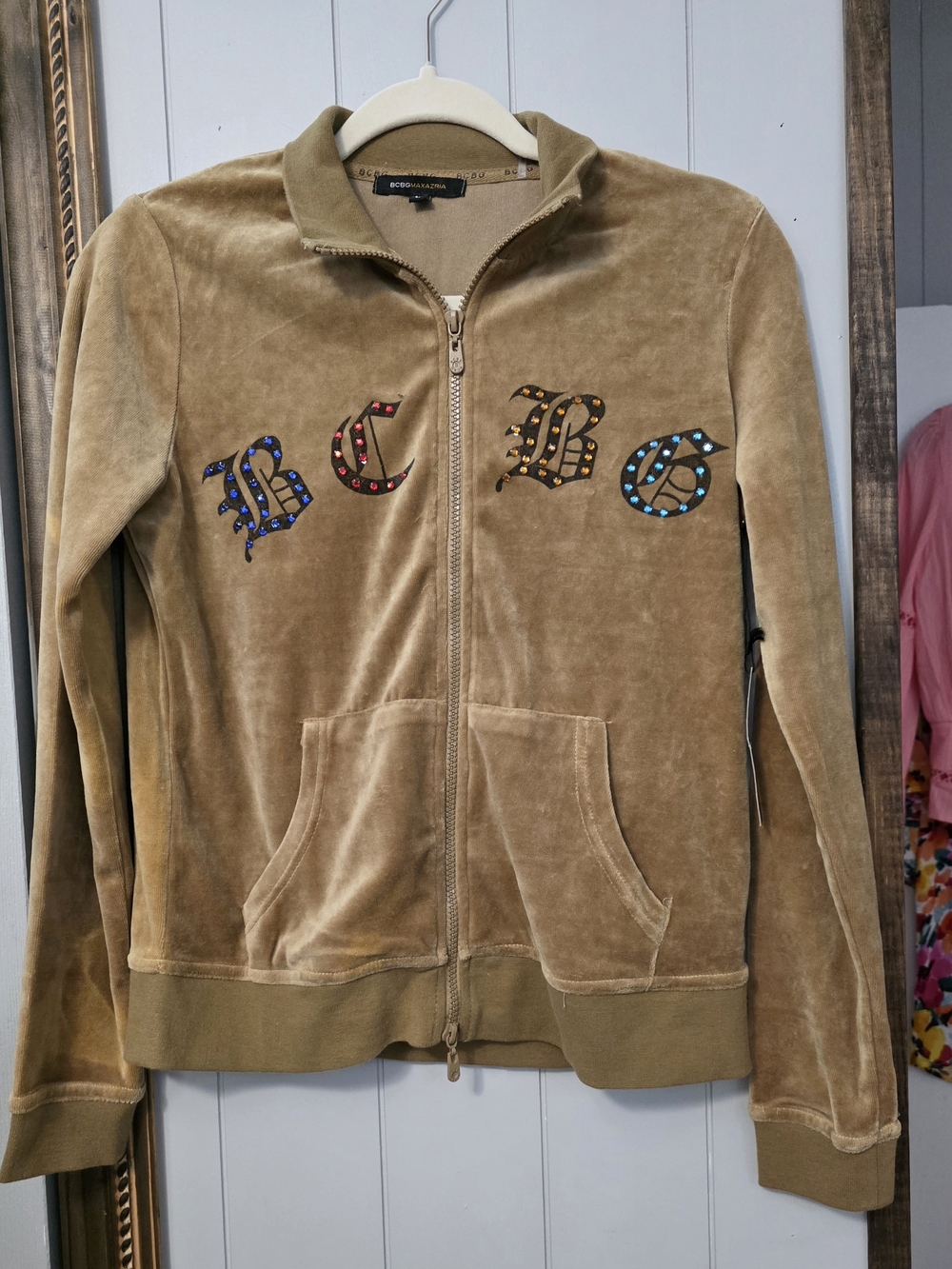 BCBGMaxAzria Tan Velour Zip-Up Jacket with Embellished Letters And Cross